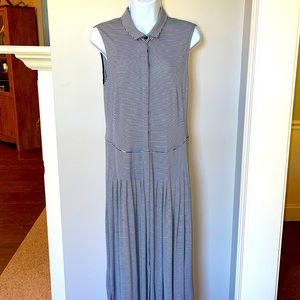 Akris Punto Navy Blue White Pinstripe Sleeveless Pleated Maxi Dress Size 12